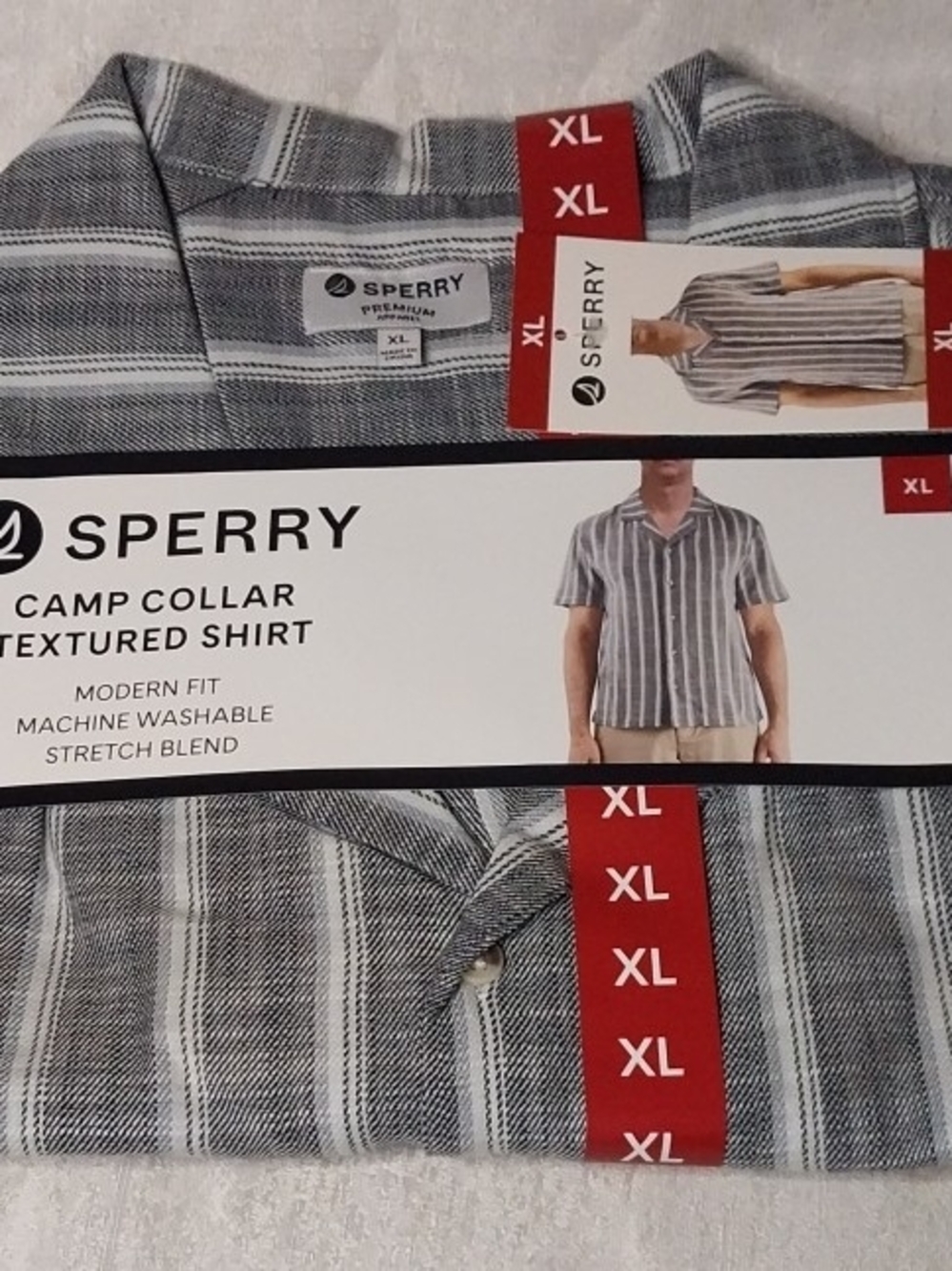 Sperry Gray Blue and White Striped Camp Collar Button-Down Shirt Mens XL